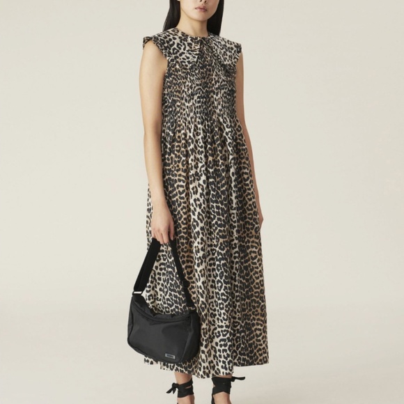 Ganni Dresses & Skirts - Ganni Leopard shirred collared Maxi Dress in Beige, Black, Brown silk cotton